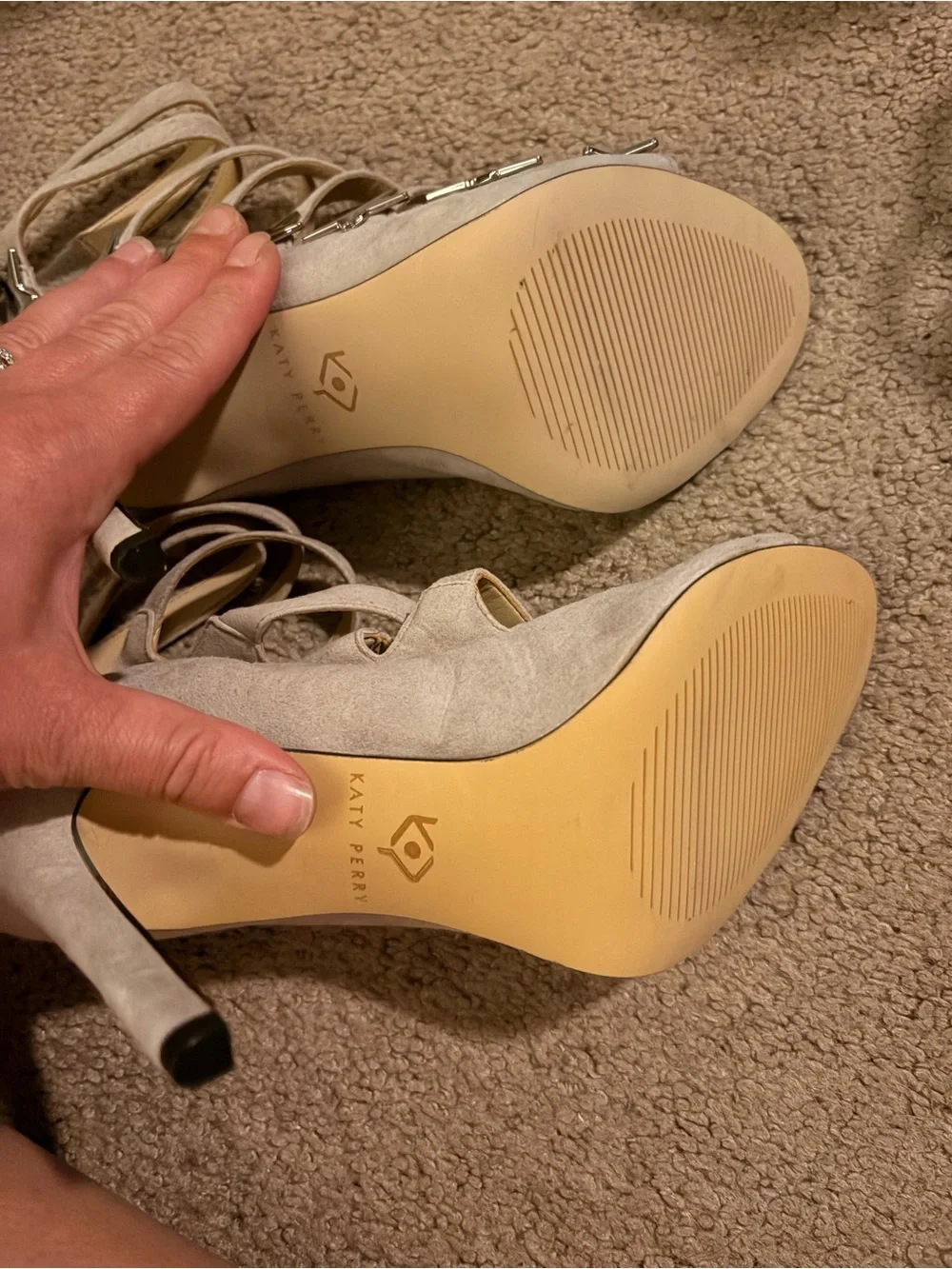 Katy Perry Collections Beige Suede Star-Embellished Strappy Heels